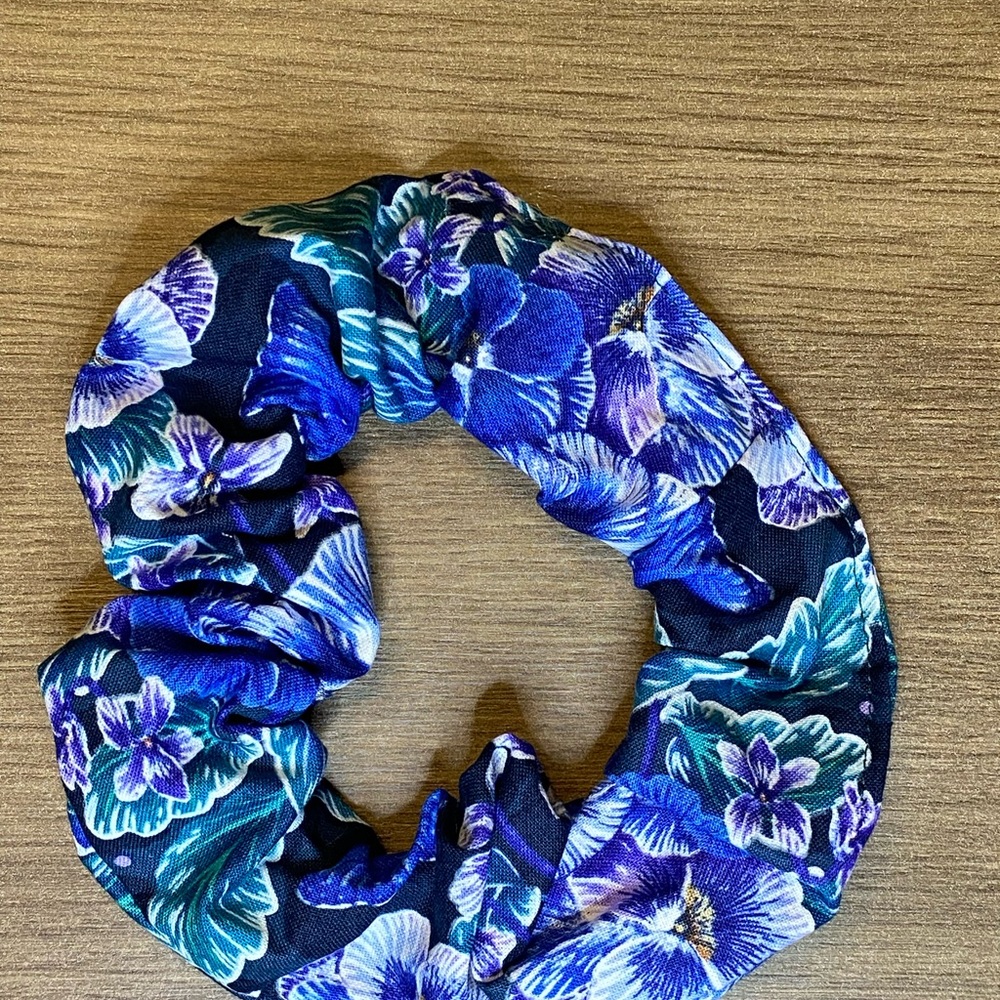 Hummingbird & Floral Glow-in-the-Dark Hair Scrunchie, Handmade, Blue/Purple.